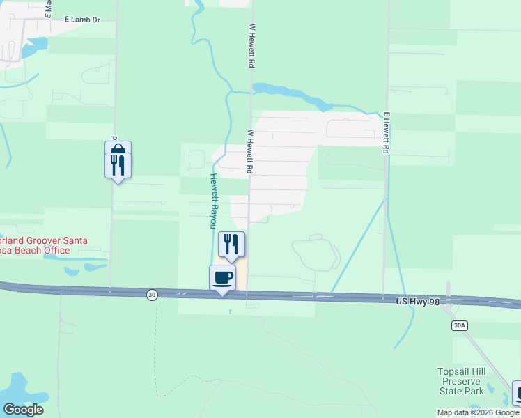 map of restaurants, bars, coffee shops, grocery stores, and more near 270 West Hewett Road in Santa Rosa Beach