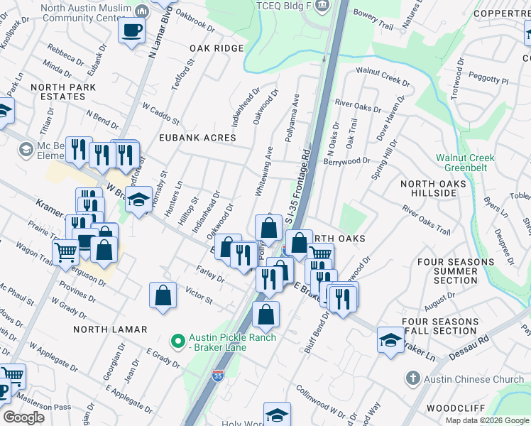 map of restaurants, bars, coffee shops, grocery stores, and more near 11402 Pollyanna Avenue in Austin