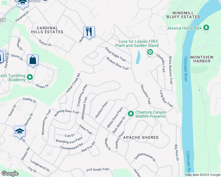 map of restaurants, bars, coffee shops, grocery stores, and more near 2640 Crazyhorse Pass in Austin