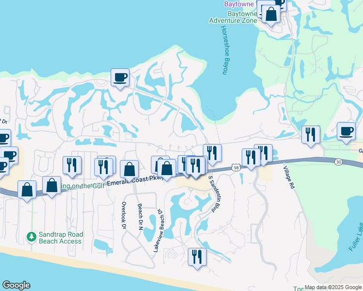 map of restaurants, bars, coffee shops, grocery stores, and more near 540 Augusta Drive in Miramar Beach