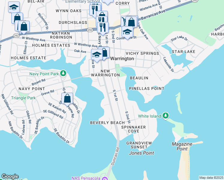 map of restaurants, bars, coffee shops, grocery stores, and more near 505 South 1st Street in Pensacola