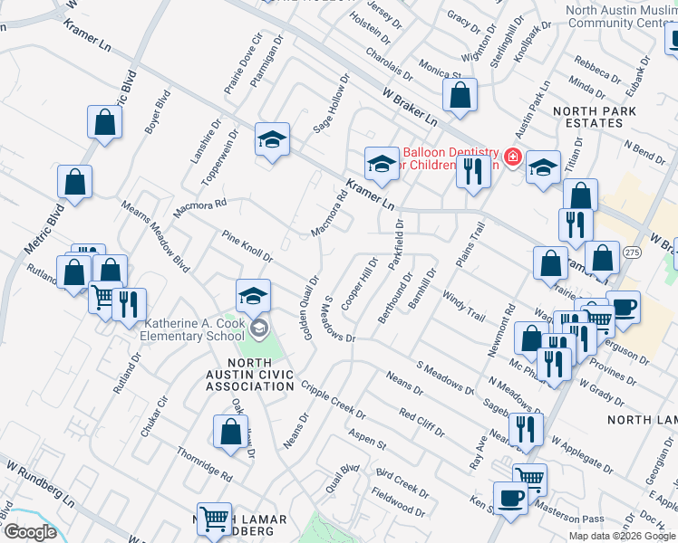 map of restaurants, bars, coffee shops, grocery stores, and more near 1412 South Meadows Drive in Austin