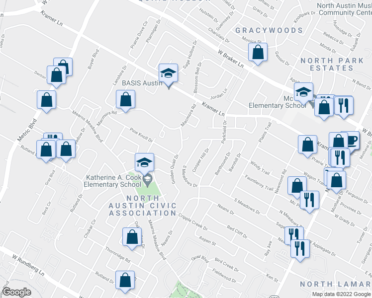 map of restaurants, bars, coffee shops, grocery stores, and more near 1412 South Meadows Drive in Austin