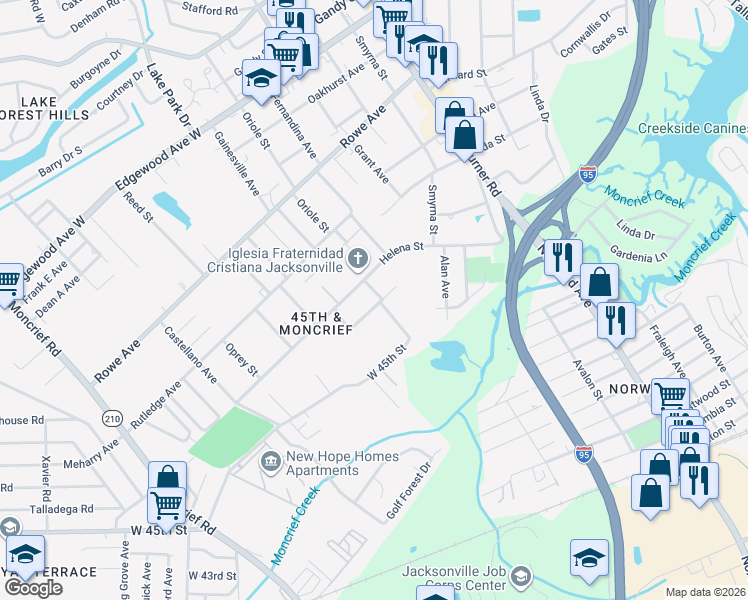 map of restaurants, bars, coffee shops, grocery stores, and more near 1602 Anderson Road in Jacksonville