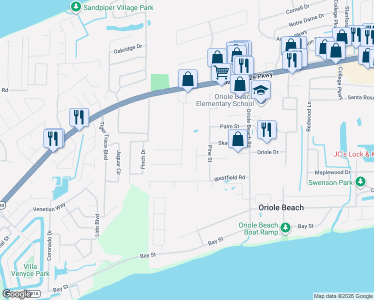 map of restaurants, bars, coffee shops, grocery stores, and more near 1170 Ramblewood Drive in Gulf Breeze