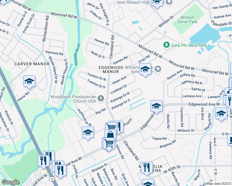 map of restaurants, bars, coffee shops, grocery stores, and more near 4263 Katanga Drive North in Jacksonville