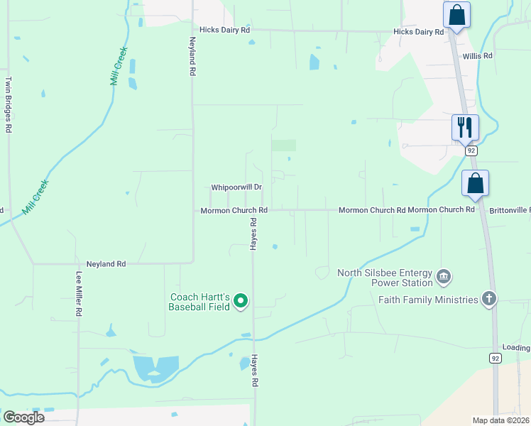 map of restaurants, bars, coffee shops, grocery stores, and more near 7712 Mormon Church Road in Silsbee