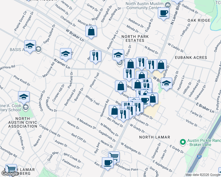 map of restaurants, bars, coffee shops, grocery stores, and more near 1009 Kramer Lane in Austin
