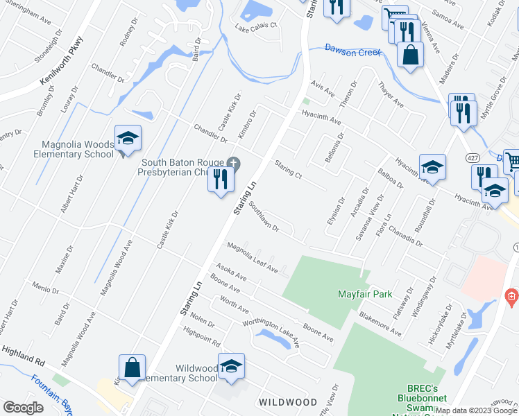 map of restaurants, bars, coffee shops, grocery stores, and more near 8851 Southlawn Drive in Baton Rouge