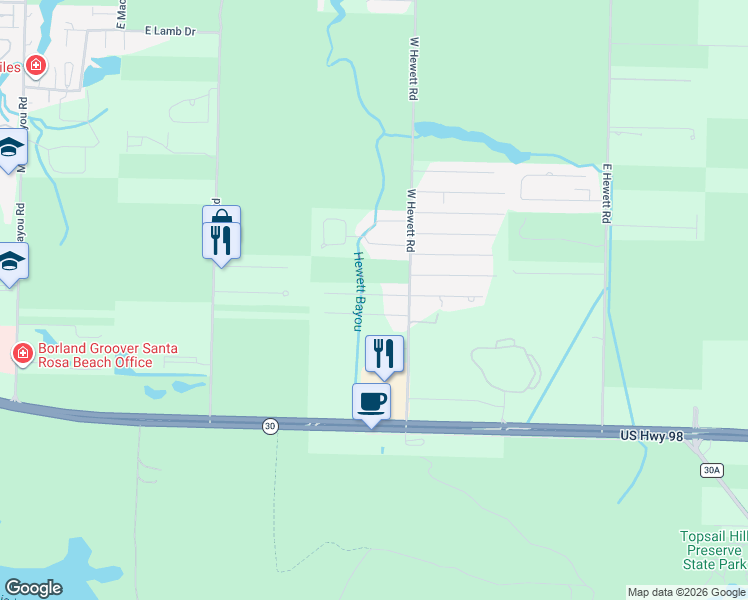 map of restaurants, bars, coffee shops, grocery stores, and more near 1 Preston Path in Santa Rosa Beach