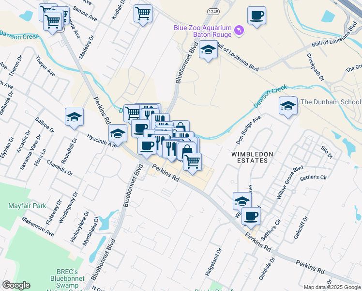 map of restaurants, bars, coffee shops, grocery stores, and more near 10202 Park Rowe Circle in Baton Rouge