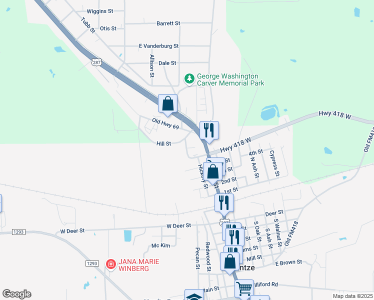 map of restaurants, bars, coffee shops, grocery stores, and more near 625 North Maple Street in Kountze