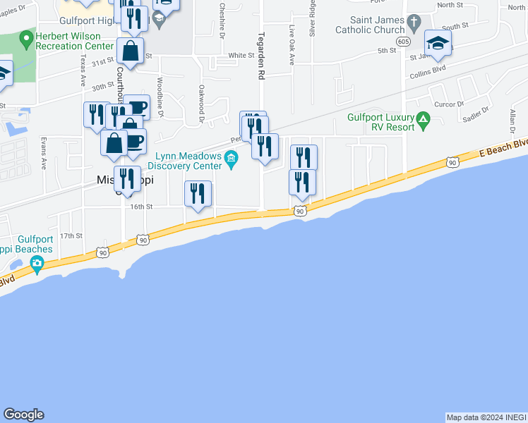map of restaurants, bars, coffee shops, grocery stores, and more near 863 Beach Drive in Gulfport