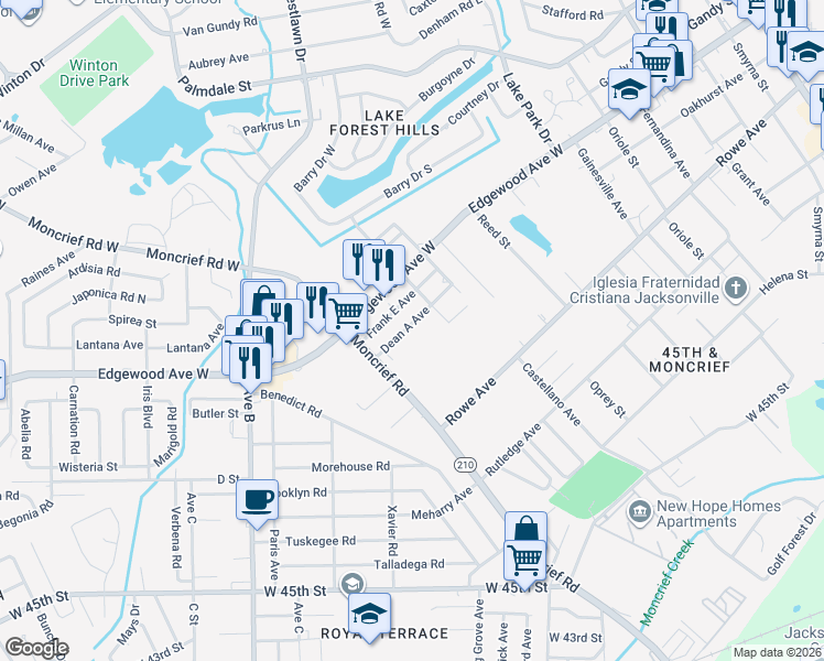 map of restaurants, bars, coffee shops, grocery stores, and more near 2048 Frank East Avenue in Jacksonville