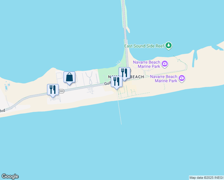 map of restaurants, bars, coffee shops, grocery stores, and more near 8577 Gulf Boulevard in Navarre