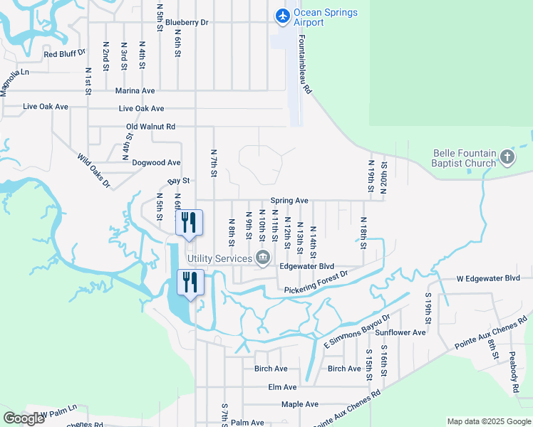 map of restaurants, bars, coffee shops, grocery stores, and more near 2708 North 10th Street in Ocean Springs