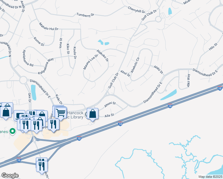 map of restaurants, bars, coffee shops, grocery stores, and more near 5511 Golf Club Drive in Diamondhead