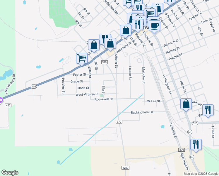 map of restaurants, bars, coffee shops, grocery stores, and more near 700 Doris Street in Navasota