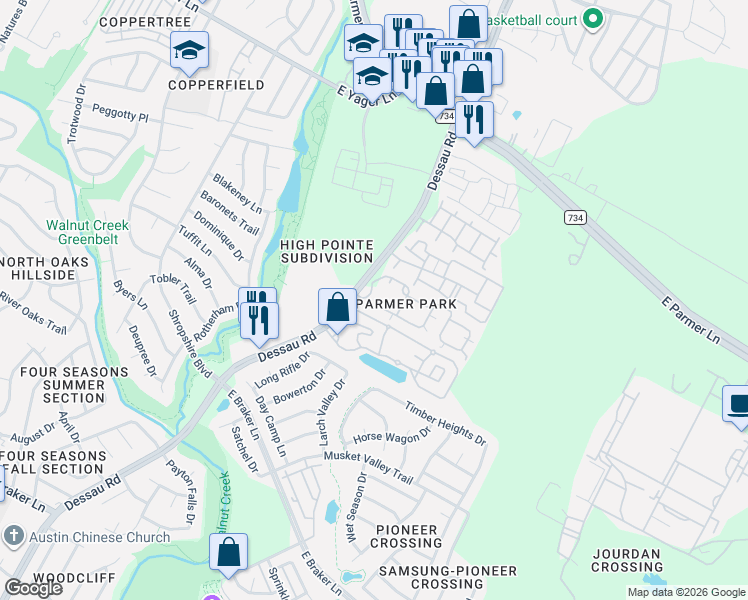 map of restaurants, bars, coffee shops, grocery stores, and more near 12041 Dessau Road in Austin