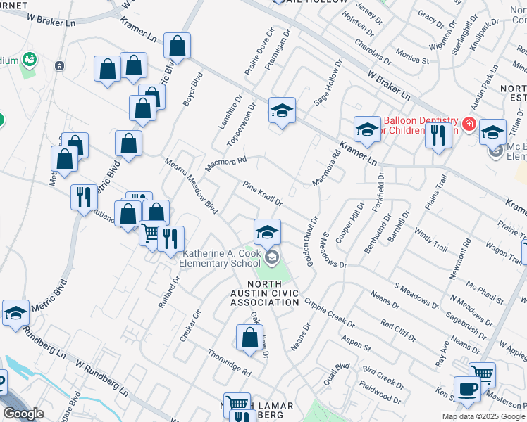 map of restaurants, bars, coffee shops, grocery stores, and more near 1619 Pine Knoll Drive in Austin