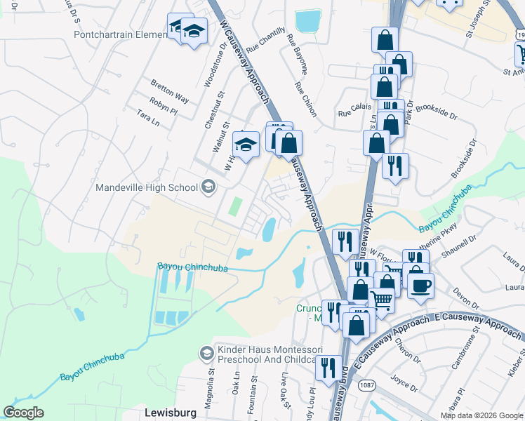 map of restaurants, bars, coffee shops, grocery stores, and more near Rue Degas in Mandeville
