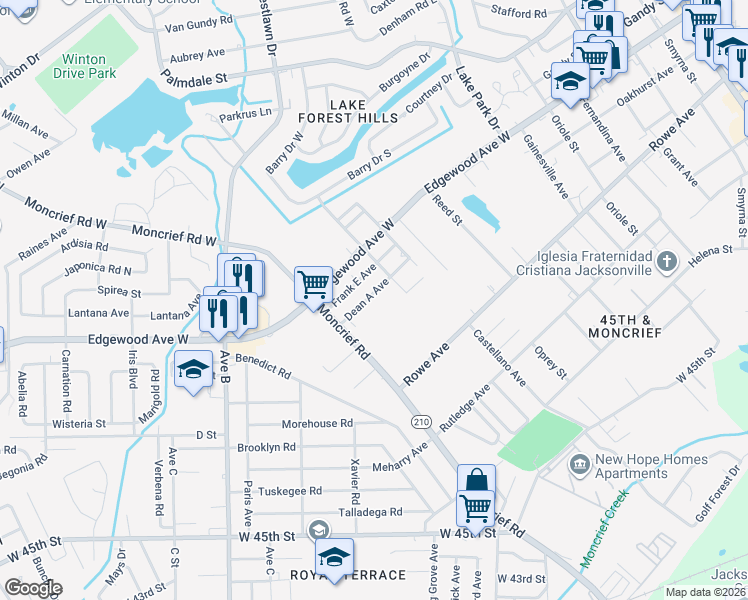 map of restaurants, bars, coffee shops, grocery stores, and more near 2048 Frank East Avenue in Jacksonville