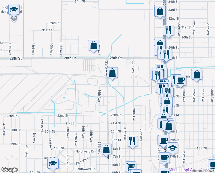 map of restaurants, bars, coffee shops, grocery stores, and more near 2500 33rd Avenue in Gulfport