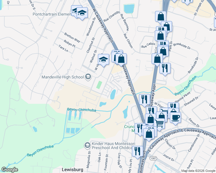 map of restaurants, bars, coffee shops, grocery stores, and more near 109 Pine Alley in Mandeville