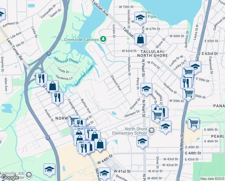 map of restaurants, bars, coffee shops, grocery stores, and more near 540 West 59th Street in Jacksonville