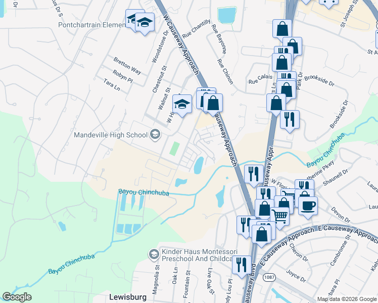 map of restaurants, bars, coffee shops, grocery stores, and more near 109 Pine Alley in Mandeville