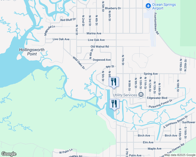 map of restaurants, bars, coffee shops, grocery stores, and more near 9206 West Edgewater Boulevard in Ocean Springs