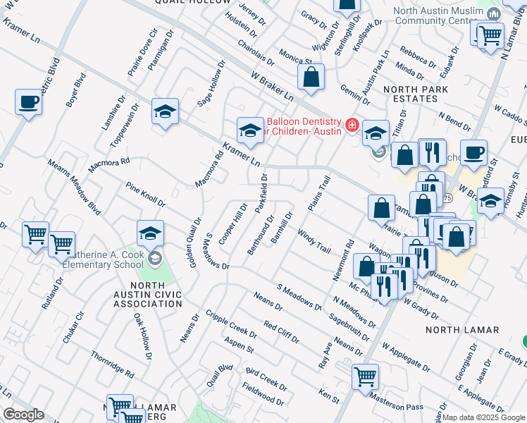 map of restaurants, bars, coffee shops, grocery stores, and more near 1451 South Meadows Drive in Austin