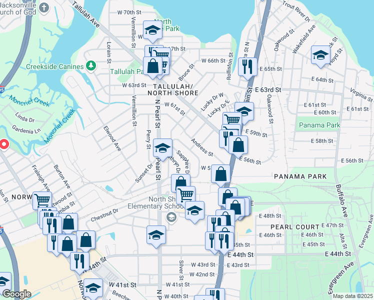 map of restaurants, bars, coffee shops, grocery stores, and more near 6580 Sunset Drive in Jacksonville