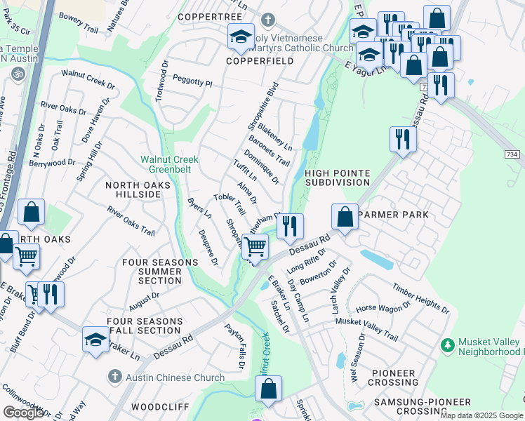 map of restaurants, bars, coffee shops, grocery stores, and more near 1422 Alma Drive in Austin
