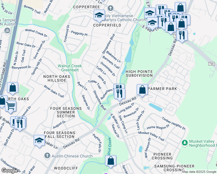 map of restaurants, bars, coffee shops, grocery stores, and more near 1422 Alma Drive in Austin