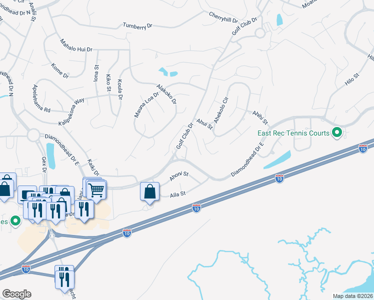 map of restaurants, bars, coffee shops, grocery stores, and more near 205-A Golf Club Drive in Diamondhead