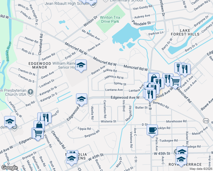 map of restaurants, bars, coffee shops, grocery stores, and more near 6204 Lobelia Street in Jacksonville