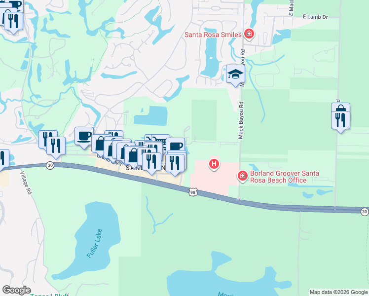 map of restaurants, bars, coffee shops, grocery stores, and more near 200 Sandestin Lane in Walton County