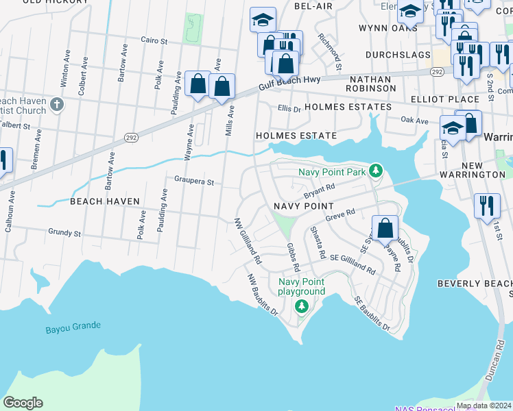 map of restaurants, bars, coffee shops, grocery stores, and more near 220 Northwest Gilliland Road in Pensacola