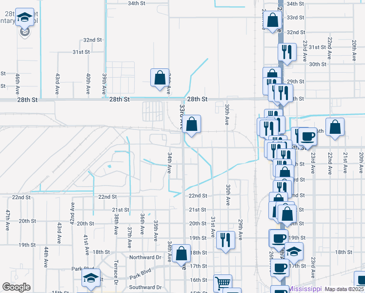 map of restaurants, bars, coffee shops, grocery stores, and more near 2500 33rd Avenue in Gulfport