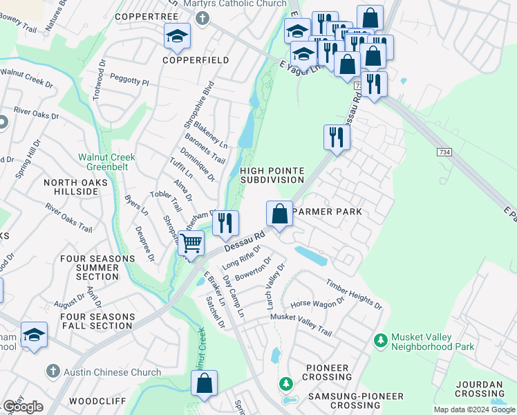 map of restaurants, bars, coffee shops, grocery stores, and more near 12000 Dessau Road in Austin