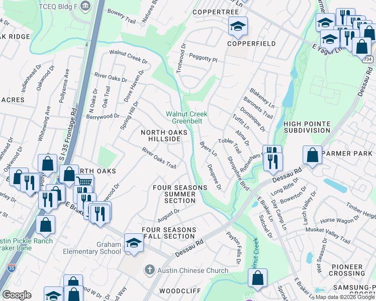 map of restaurants, bars, coffee shops, grocery stores, and more near 1008 Berrywood Drive in Austin