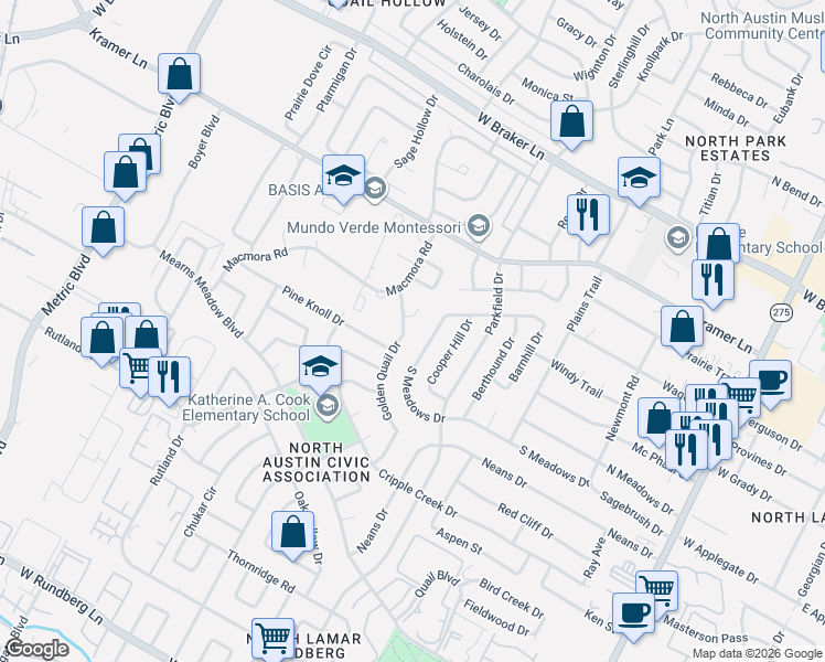 map of restaurants, bars, coffee shops, grocery stores, and more near 1405a Click Cove in Austin