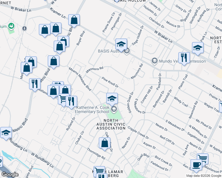 map of restaurants, bars, coffee shops, grocery stores, and more near 1619 Pine Knoll Drive in Austin