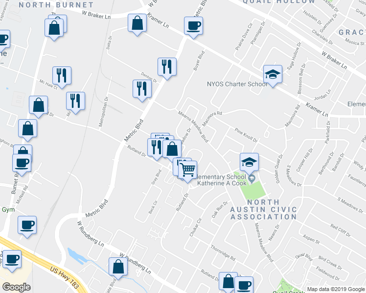 map of restaurants, bars, coffee shops, grocery stores, and more near 10307 Golden Meadow Drive in Austin