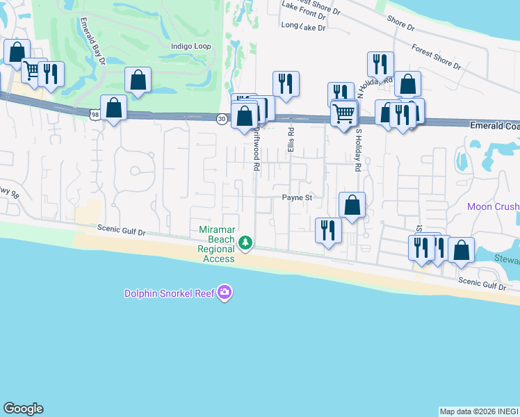 map of restaurants, bars, coffee shops, grocery stores, and more near 241 Ellis Road in Miramar Beach