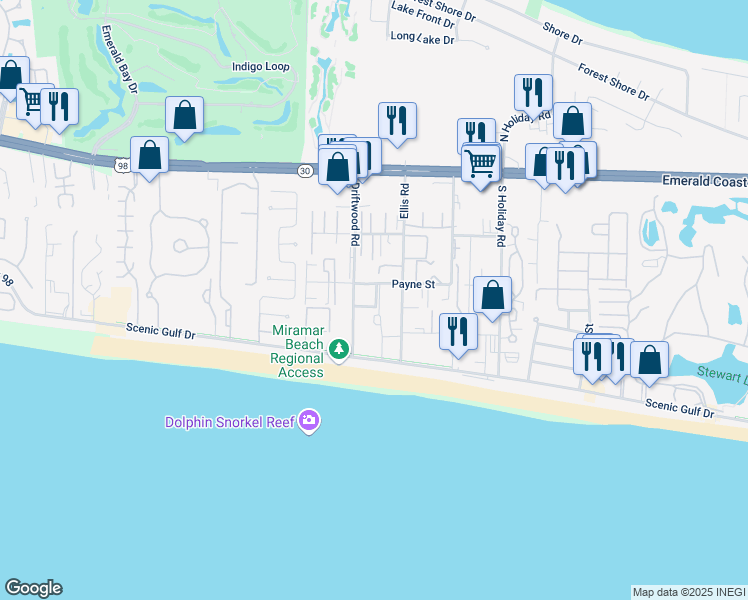 map of restaurants, bars, coffee shops, grocery stores, and more near 241 Ellis Road in Miramar Beach