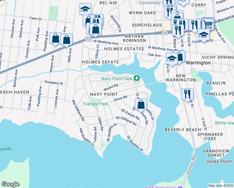 map of restaurants, bars, coffee shops, grocery stores, and more near 223 West Sunset Avenue in Pensacola