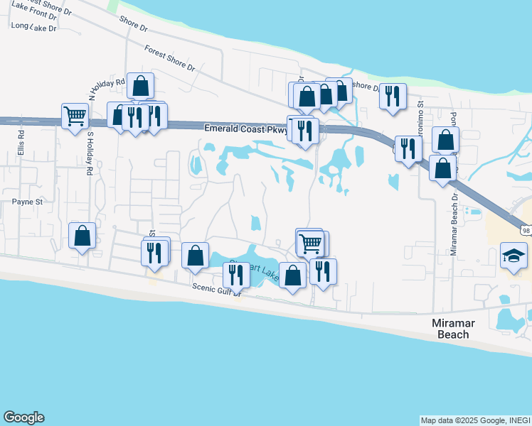 map of restaurants, bars, coffee shops, grocery stores, and more near Sandpiper Bay in Miramar Beach
