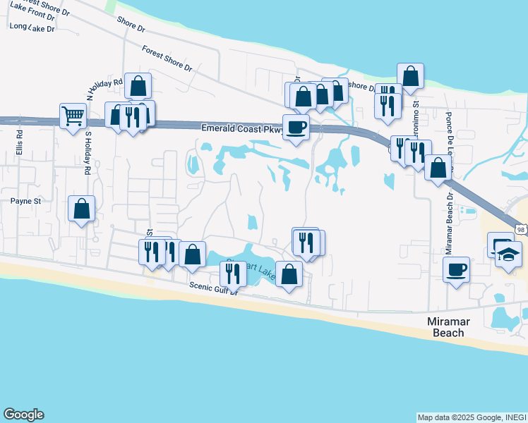 map of restaurants, bars, coffee shops, grocery stores, and more near 128 Sandpiper Bay in Miramar Beach